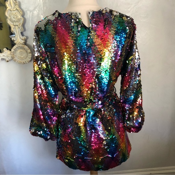 Zara girls rainbow/sliver sequence dress w/lantern sleeves & belt size 13/14 - Picture 5 of 11
